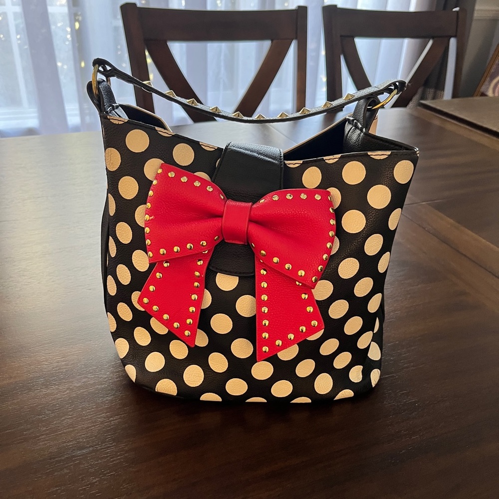 Betsey Johnson Polka Dot and Striped Bucket Bag with Studded Red Bow